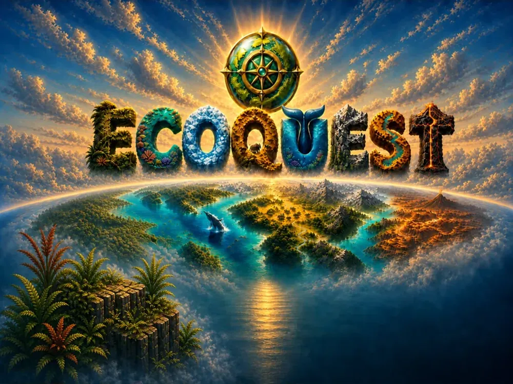 EcoQuest title art: a biome-sculpted wordmark and globe-compass above an illustrated world of reefs, rainforest, mountains and volcanic desert